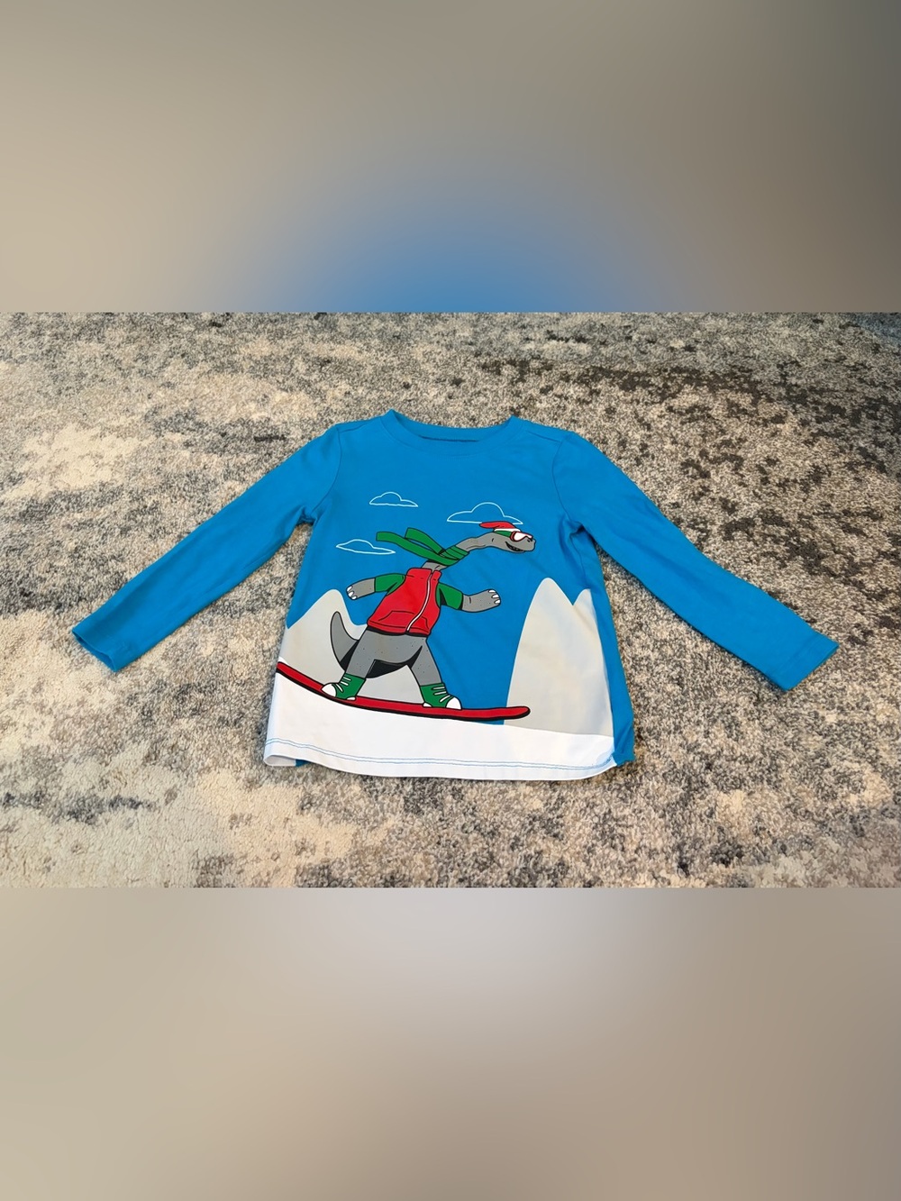 Blue Kids' Long-Sleeve Graphic Tee with Snowboard Dinosaur